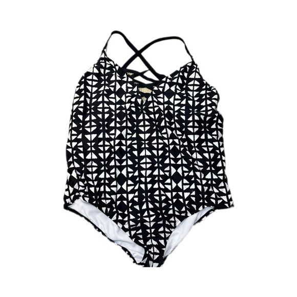 Time & Tru B&W One Piece Swimsuit with geometric crisscross, cut outs on sides - Picture 1 of 3